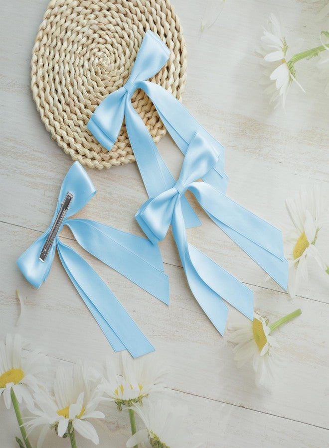 TULOBI Baby Blue Hair Bows for Women 3PCS Soft Silky Satin Bow Hair Clips with Metal Clips Long Tail Hair Ribbon Ponytail Holder Wedding Dress Decor Hair Accessories for Girls Teen - Image 2
